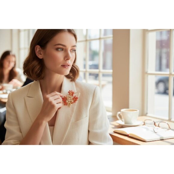 Brooch Festive Enamel Coral Pearl Goldtone Pin Lapel Scarf Hat Holiday Gift - Picture 3 of 5